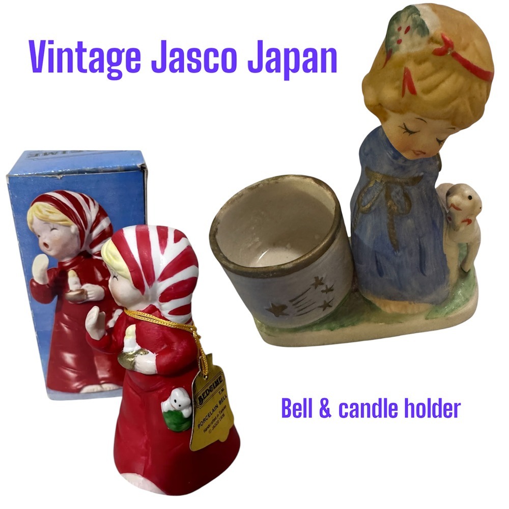 1978 JASCO Bedtime Bell & Christmas Luvkins candle holder porcelain Japan